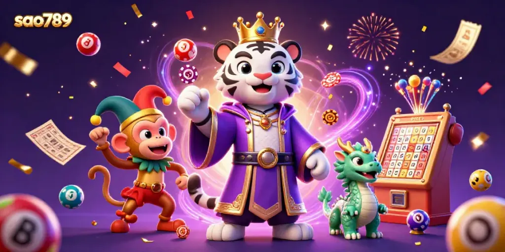 Engage with sao789's exciting gameplay showcased by a white tiger, golden monkey, and jade dragon amidst vibrant lottery elements.