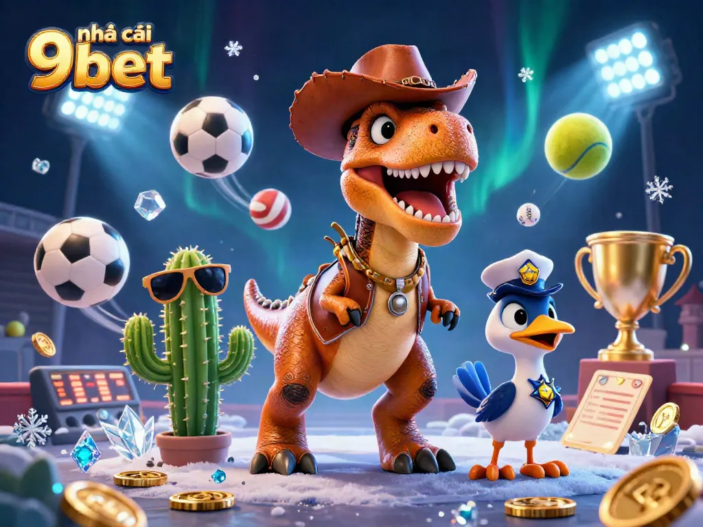 Engage with nhà cái 9bet, where a cartoon dinosaur cowboy and friends bring the thrill of sports betting to life.