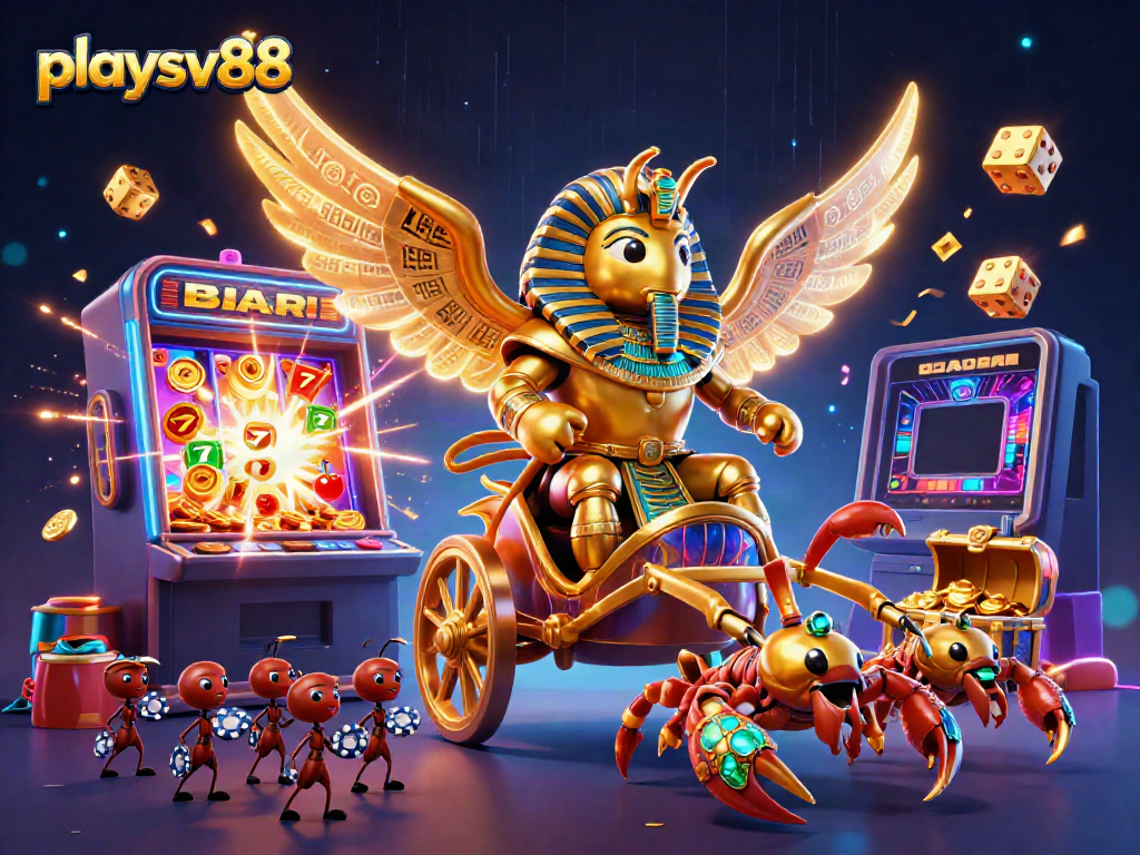 Experience the vibrant energy of playsv88 with a golden beetle chariot amidst dynamic casino elements.