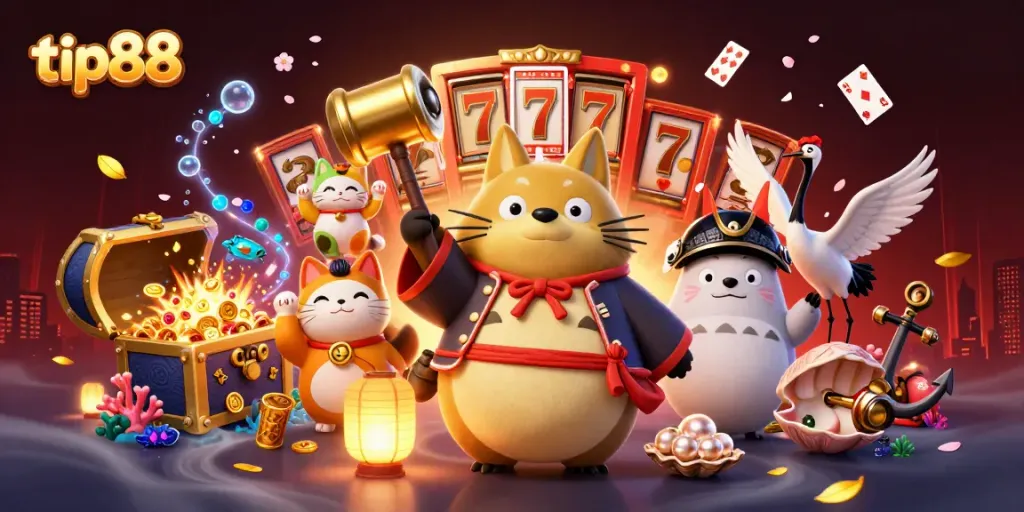 Experience thrilling slots entertainment with tip88's vibrant 3D illustration featuring lucky symbols and animated characters.