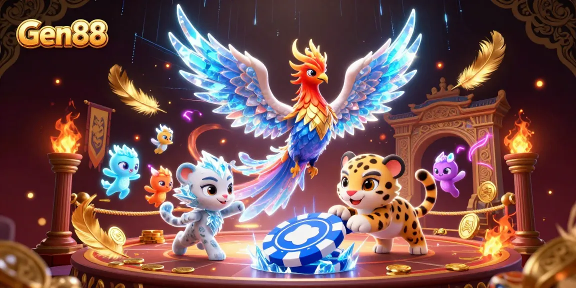 Engage with exciting games at Gen88, featuring vibrant characters, dynamic elements, and rich casino ambiance.