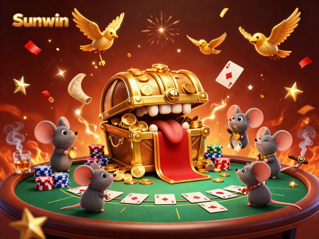 Experience the vibrant excitement of Sunwin's casino gaming through cartoonish treasures and poker elements.