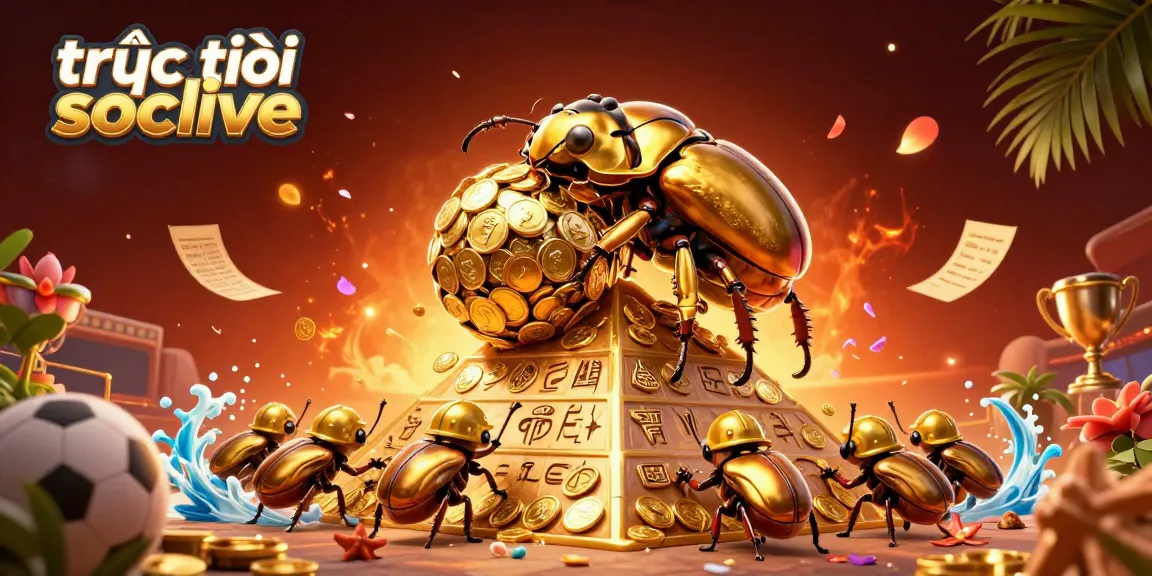 Experience the excitement of trực tiếp socolive with a vibrant depiction of golden dung beetles and dynamic sporting elements.