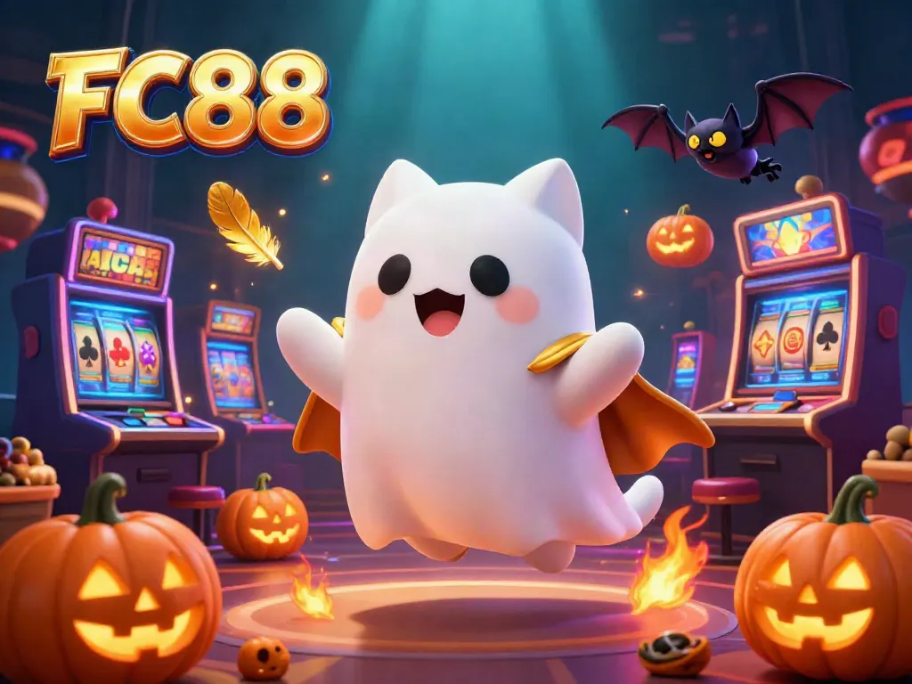 Experience the thrills of FC88 with a ghost cat and bat in a lively casino setting.