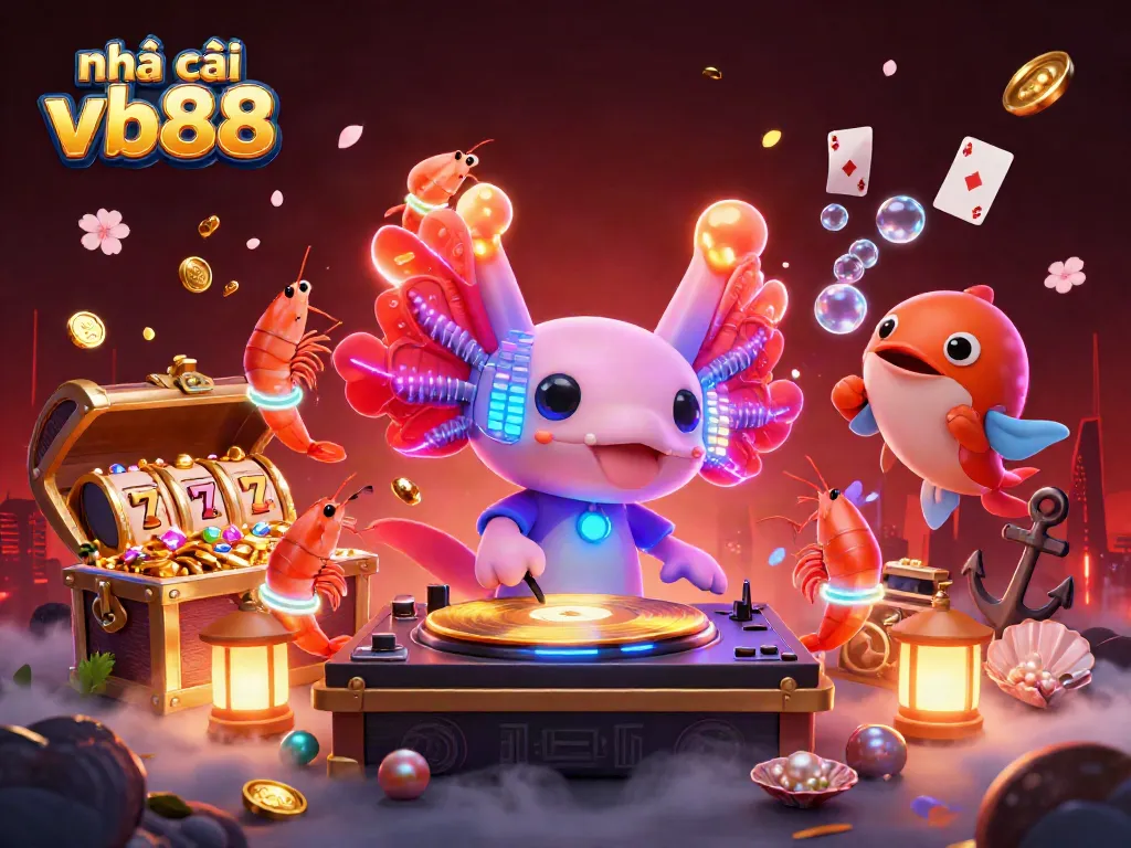 Experience the thrilling world of nhà cái vb88 with a neon-colored axolotl DJ and vibrant underwater casino elements.