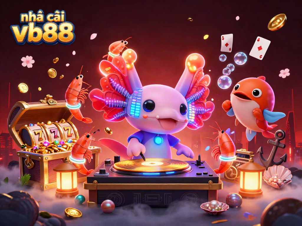 Experience the thrilling world of nhà cái vb88 with a neon-colored axolotl DJ and vibrant underwater casino elements.