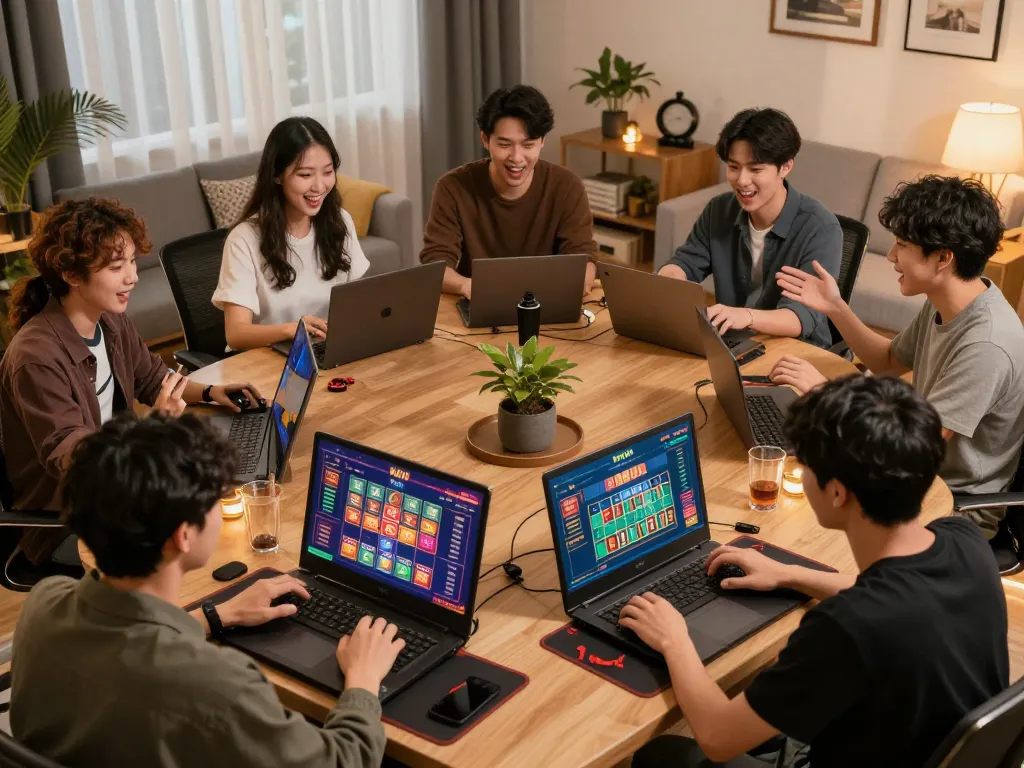 Tai Xiu Online gaming session with players engaged on multiple devices, showcasing strategic excitement.