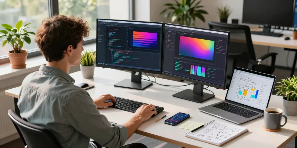 快连 workspace with software developer coding on dual monitors in modern office setting, showcasing productivity and innovation.