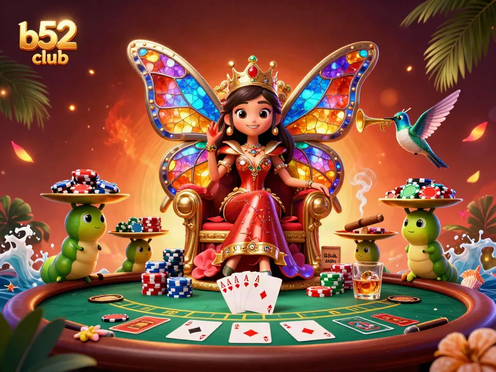 Experience vibrant gameplay with b52club, showcasing animated poker scene and colorful characters in a lively casino environment.
