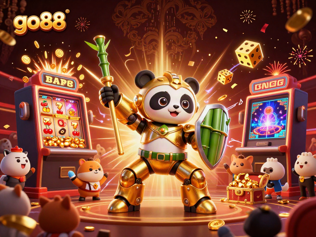 Experience the excitement of go88 with a dynamic 3D illustration featuring a golden panda and casino elements.