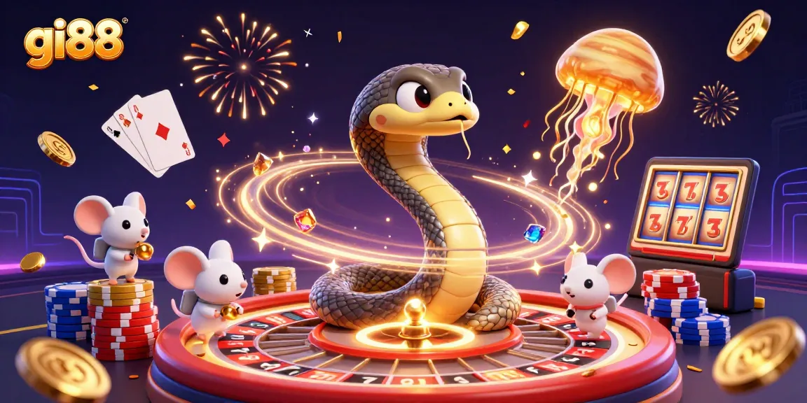 Experience thrilling gameplay on gi88 with a dynamic 3D illustration featuring a cosmic roulette wheel and animated slot machine.