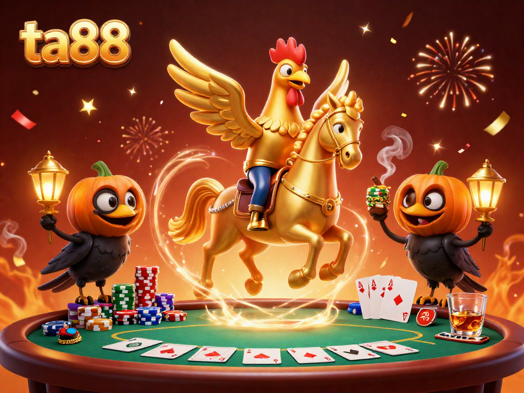 Experience the thrilling excitement of ta88, where golden characters meet poker action in a vibrant casino.