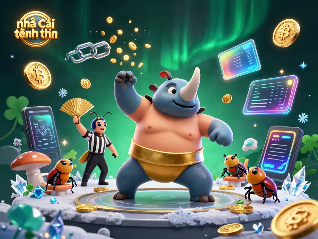 Experience the excitement of nhà cái tặng tiền with a vibrant 3D scene of a beetle sumo champion amidst dynamic casino elements.