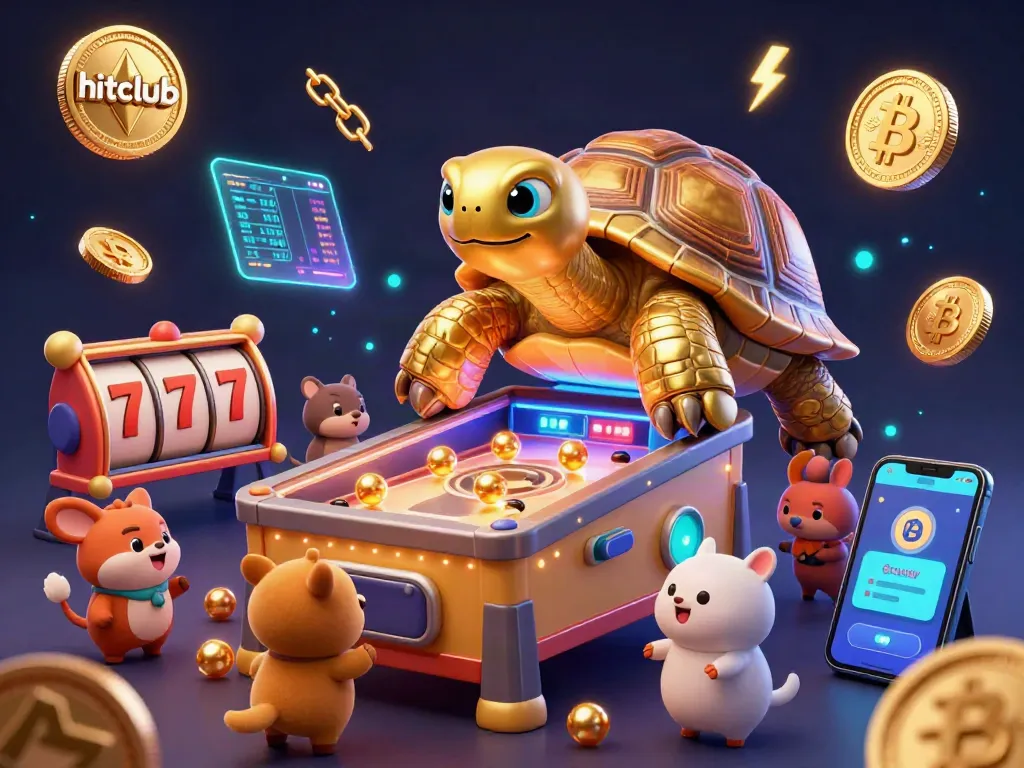 Experience thrill at hitclub with a dynamic casino scene featuring a golden tortoise pinball machine amidst slot game excitement.