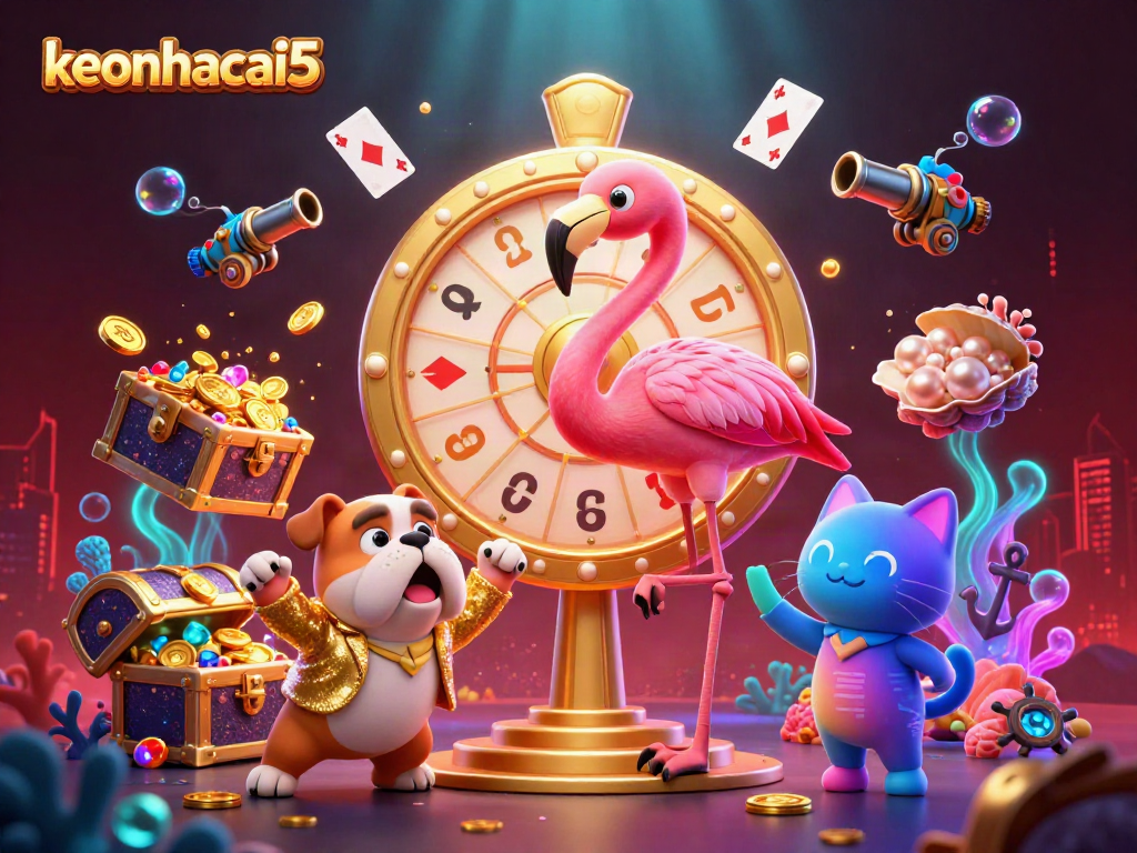 Spin to win with keonhacai5: a lively game show scene featuring a flamingo host, bulldog contestant, and scoreboard cat.