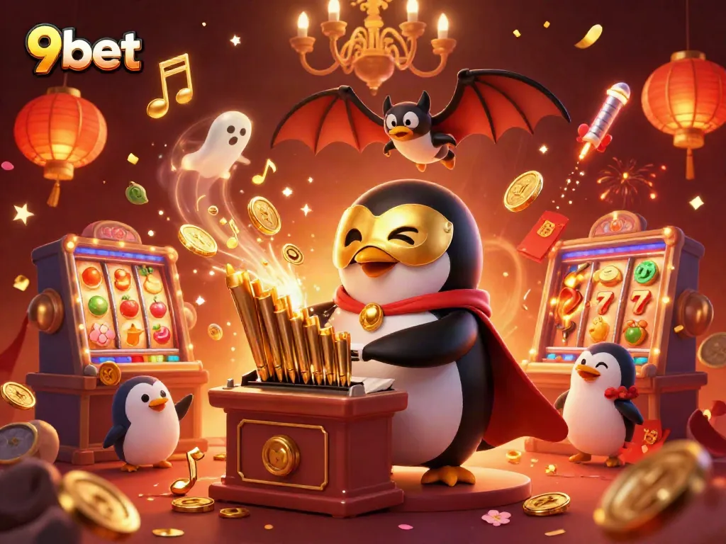 Play exciting 9bet casino games with thrilling visuals of a penguin and festive elements.