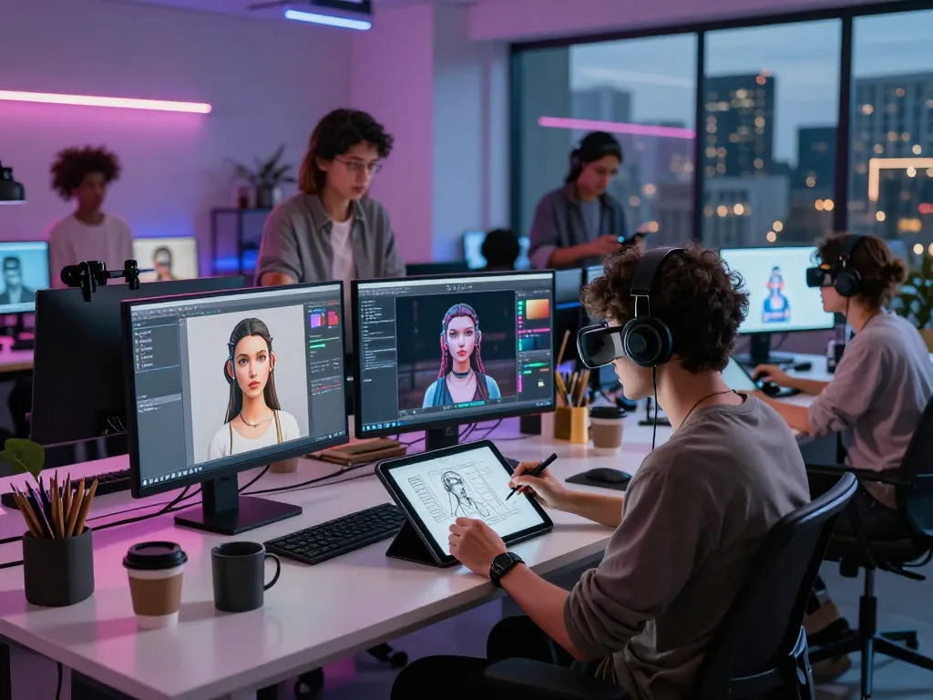 Group of diverse creators collaborating on AI porn projects in a futuristic studio
