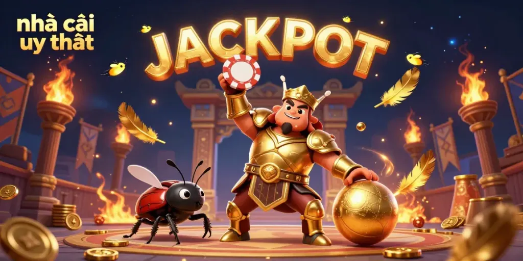 Join the victorious hercules beetle in gladiator armor lifting a poker chip, representing nhà cái uy tín in a vibrant gambling scene.