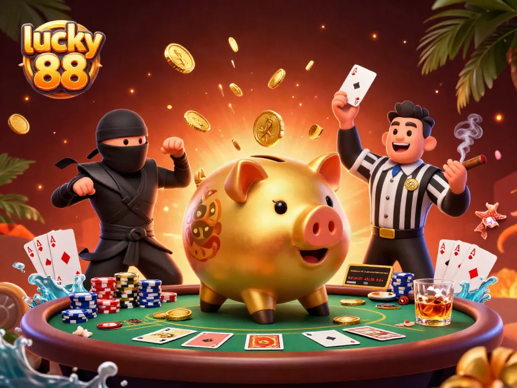 Engaging scene showcasing lucky 88 with a sumo wrestler piggy bank, a wallet-ninja, and poker elements.