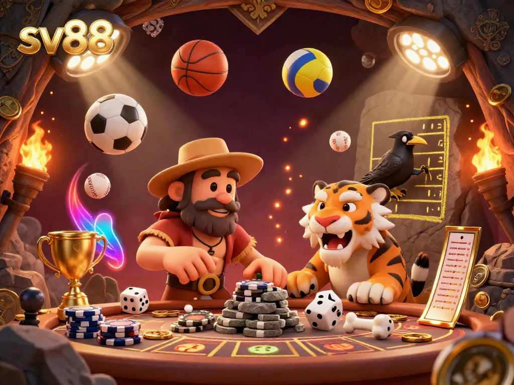 Win big at SV88's prehistoric casino with cavemen and sabertooths in a vibrant, dynamic scene.