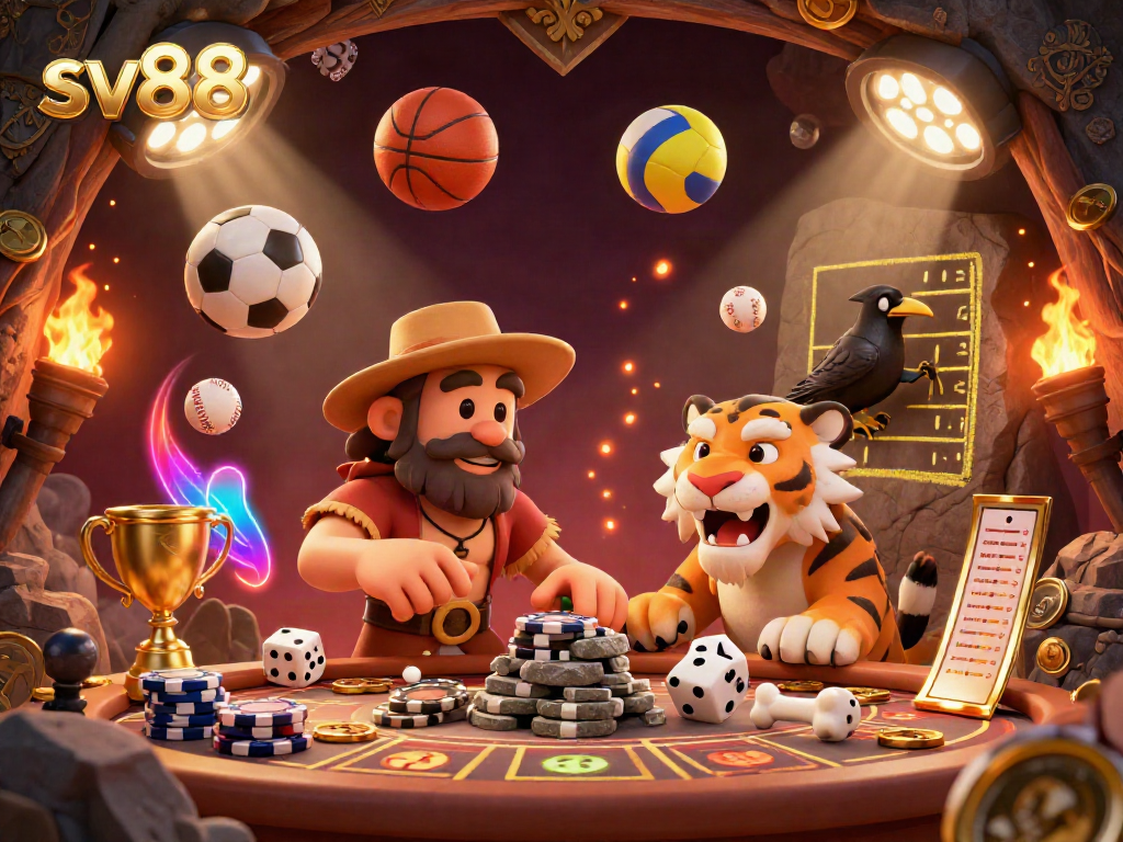 Win big at SV88's prehistoric casino with cavemen and sabertooths in a vibrant, dynamic scene.
