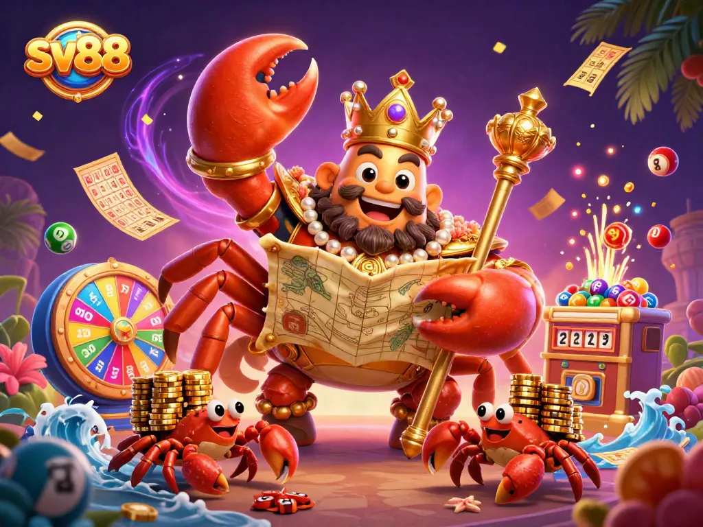 Engage in exciting gambling adventures at sv88 with vibrant lottery elements and a golden crab emperor.