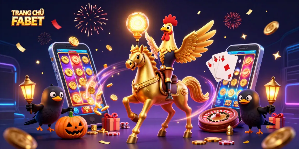 Experience thrilling gameplay at TRANG CHỦ FABET with our 3D casino scene featuring a golden rooster and vibrant elements.