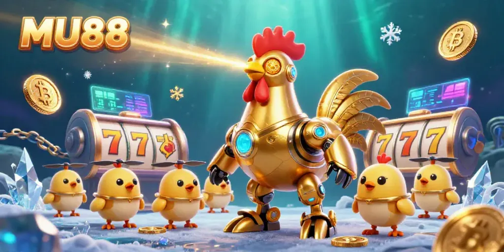 MU88 casino gaming scene with a dynamic golden rooster robot and baby chick drones amid slot machines and cryptocurrency coins.