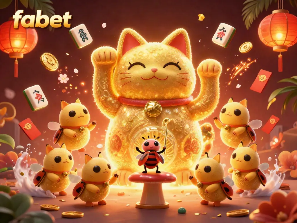 Experience winning at fabet with a vibrant 3D golden lucky cat showcasing casino symbols and exciting elements.