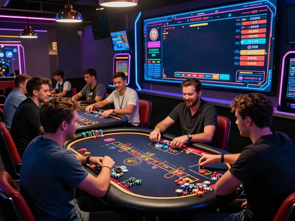 Men enjoying thrilling online games at Manclub's vibrant gaming table.