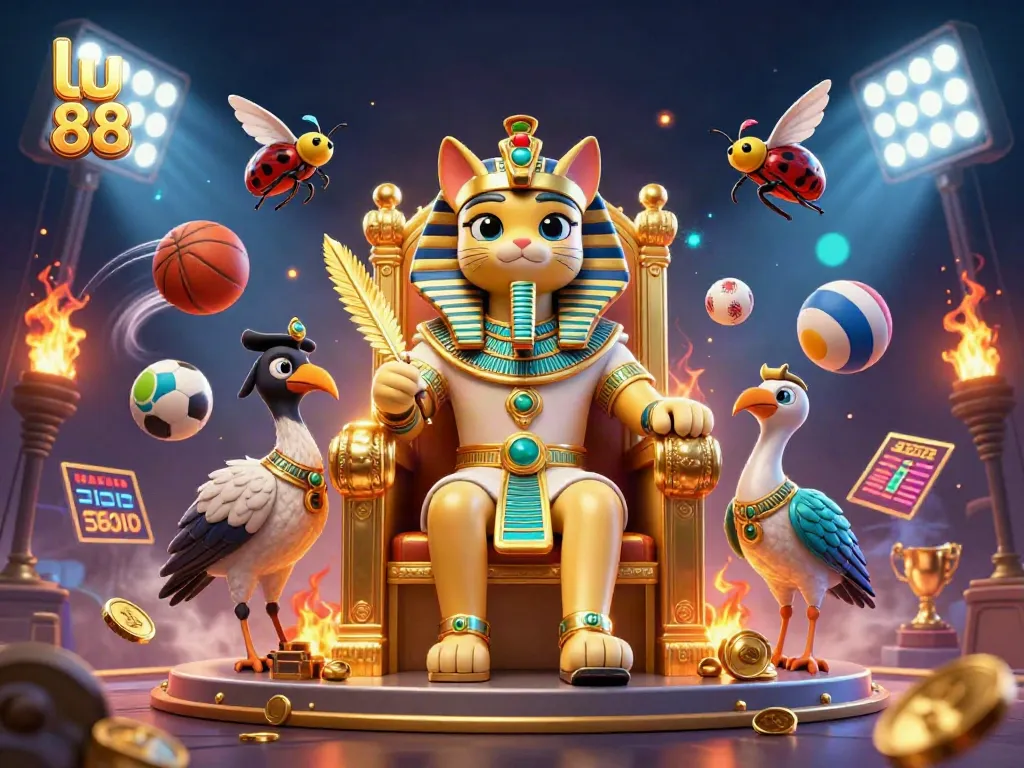 Engage in thrilling gameplay at lu 88 with an exciting 3D casino scene featuring dynamic sports elements and majestic characters.