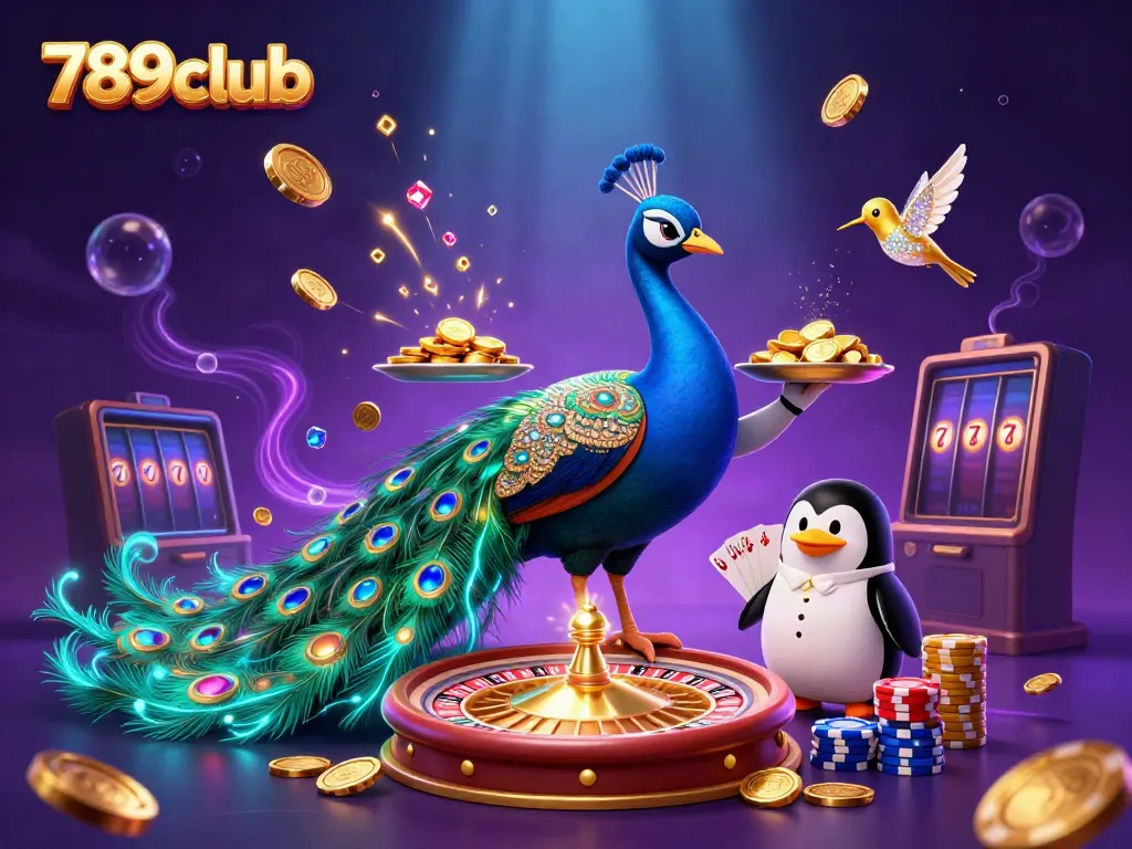 Engage in the vibrant world of 789club with a grand 3D illustration showcasing a peacock, penguin, and hummingbird amid casino elements like roulette and poker.