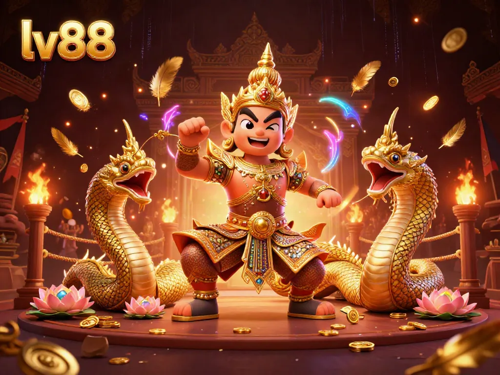 Spin and win at lv88 with a vibrant, fantastical casino scene featuring mythical guardians and treasures.