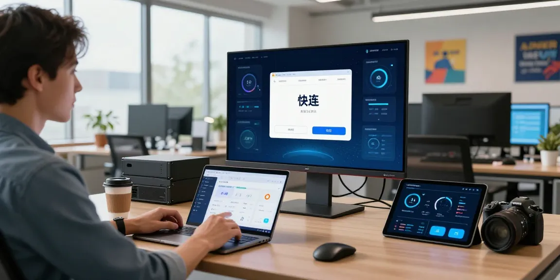 快连 app showcased on a large screen in a modern tech office for optimal internet performance.