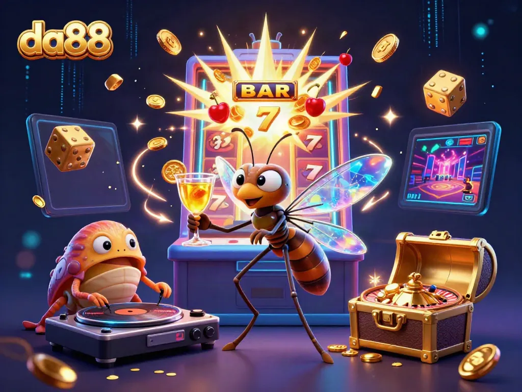 Engage in thrilling gameplay at da88 with characters celebrating casino excitement amidst dazzling jackpot elements.
