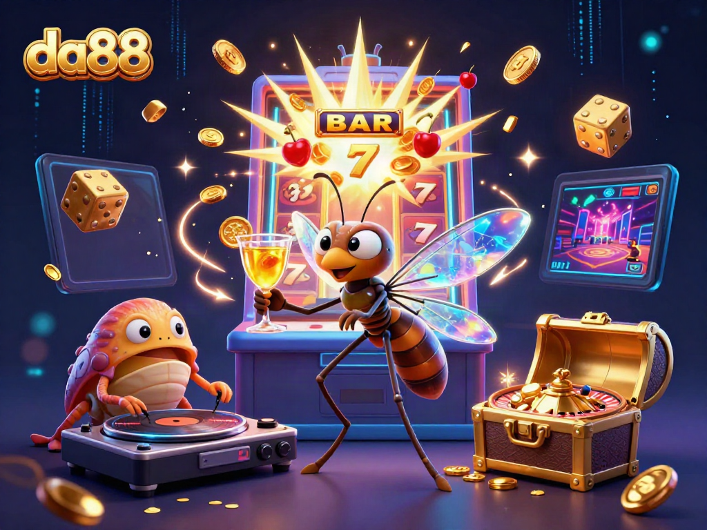Engage in thrilling gameplay at da88 with characters celebrating casino excitement amidst dazzling jackpot elements.