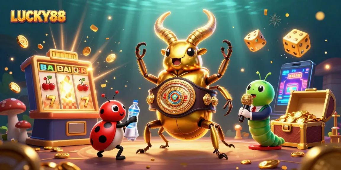 LUCKY88 showcases a vibrant casino illustration featuring a golden stag beetle and game elements exploding around.