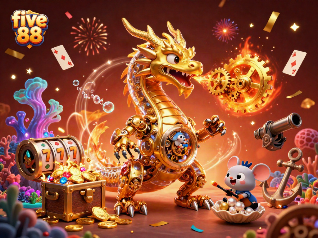 Experience excitement at five 88 with golden dragon gameplay, featuring slot reels and dynamic casino elements.
