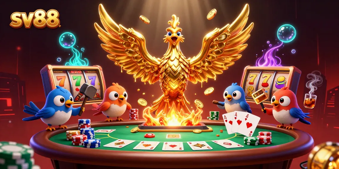 Experience the thrill of sv88 where a molten gold phoenix emerges amidst slot reels and poker tables, creating a vibrant casino scene.
