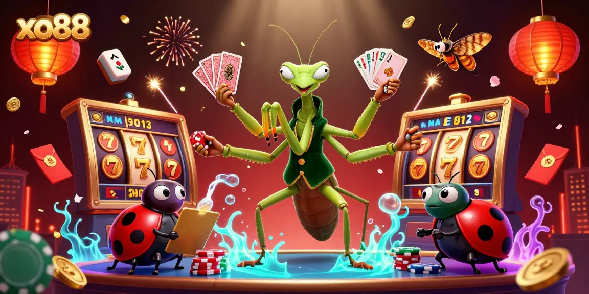 Experience the thrilling world of xo88 casino with a giant cartoon mantis card sharp and vibrant scenes filled with slot games.