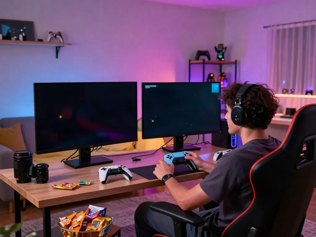 Immerse in the dynamic gaming atmosphere at https://ku88vt.com/ with an enthusiastic player in a cozy room, engaging in an exciting online game.