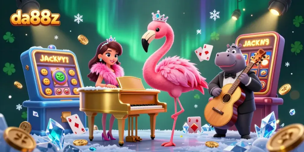 Experience thrilling gaming at da88z with a lively 3D casino scene featuring singing flamingos and vibrant slot machines.