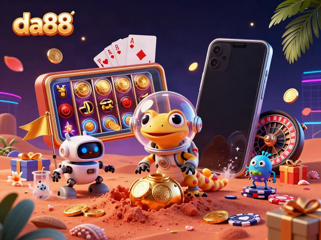 Experience the exciting world of da88 with a 3D Martian gecko discovering a golden casino!