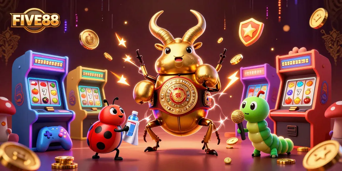 FIVE88's vibrant 3D scene with a golden stag beetle champion and casino elements.