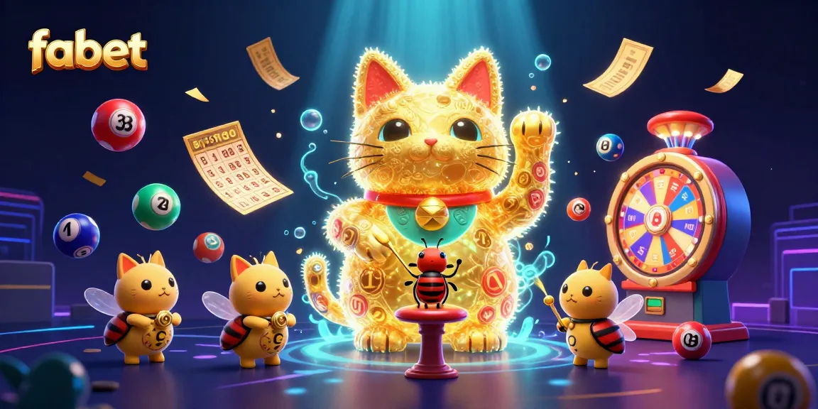 Experience a vibrant fabet casino scene featuring a lucky cat, animated elements, and colorful lottery effects.