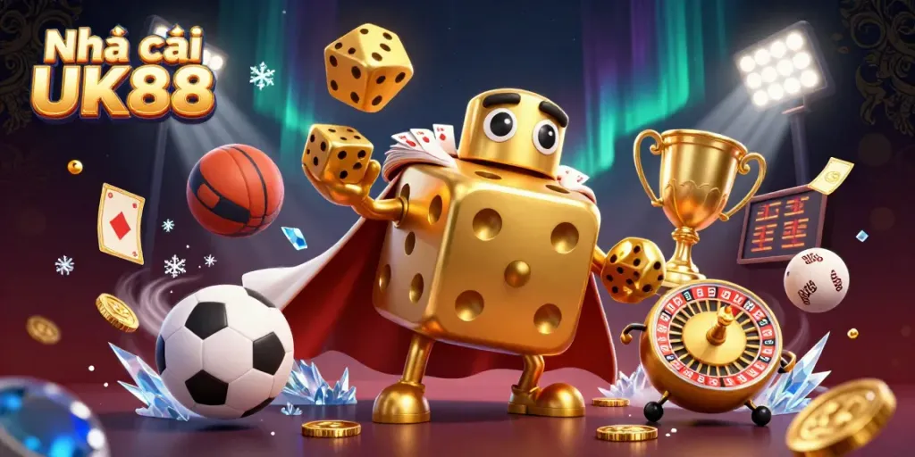 Play at Nhà cái UK88 with a vibrant illustration showcasing a golden dice golem and dynamic gaming elements.