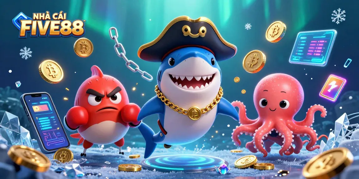 Engage with NHÀ CÁI FIVE88, featuring a cartoon shark and vibrant casino elements in a dynamic underwater scene.
