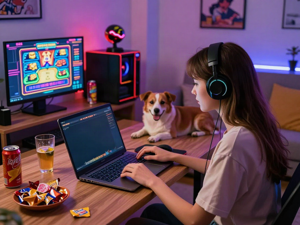 A young woman enjoying a thrilling DA88 slot game on her laptop in a cozy living room.