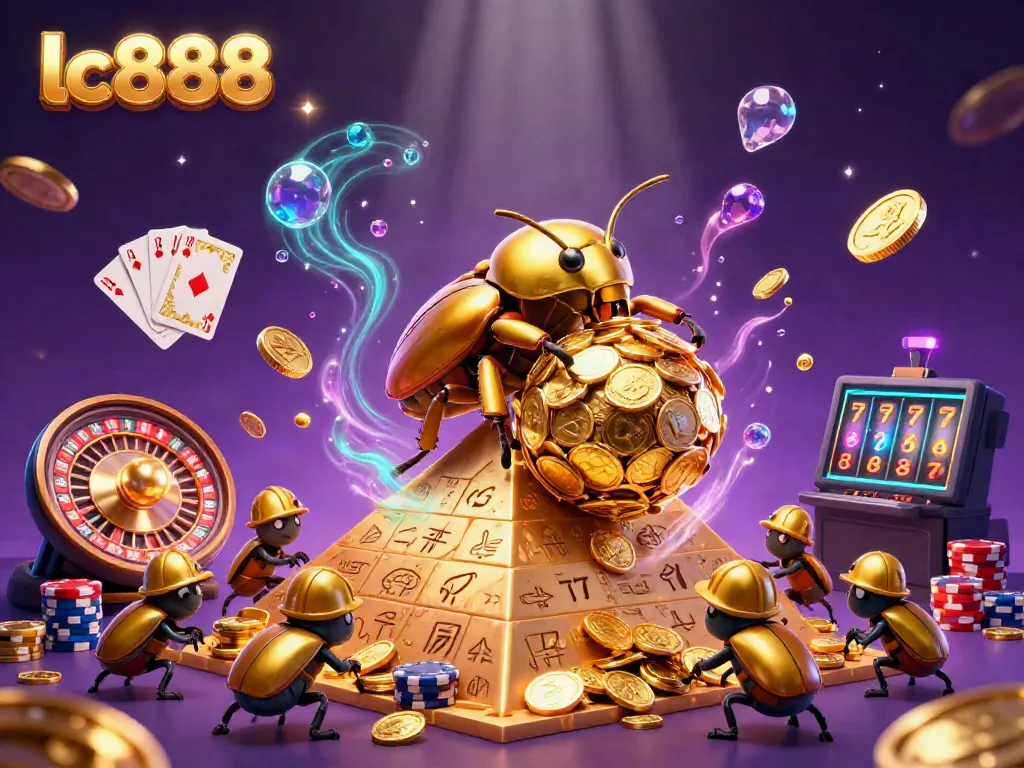 Experience dynamic casino action with lc888 as golden beetles roll coins and jewels amidst dazzling lights.