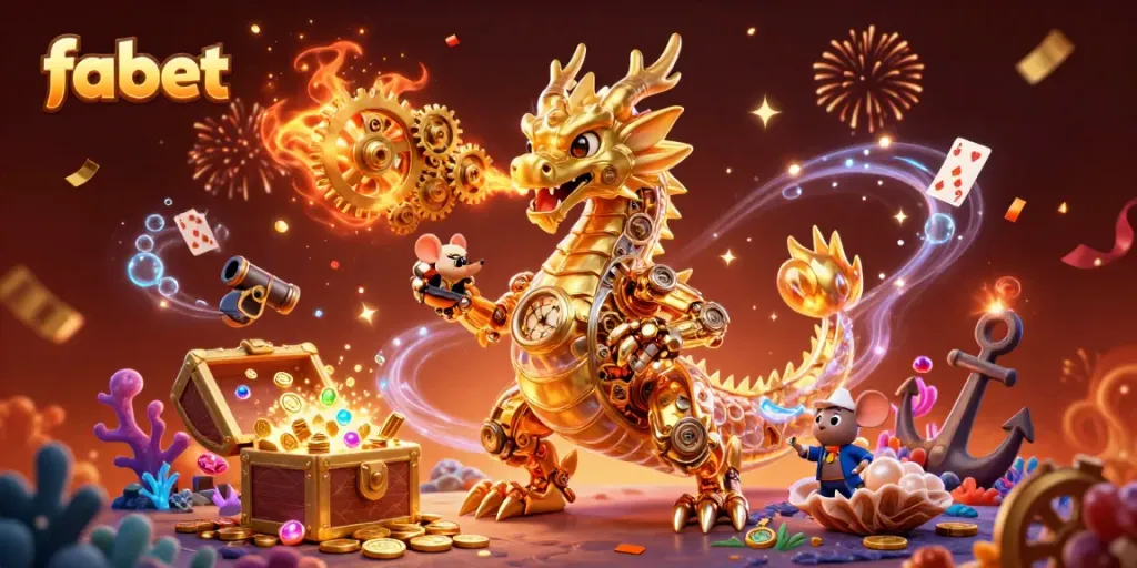 Experience fabet's captivating world of online gambling with vibrant dragons and treasure in this dynamic illustration.